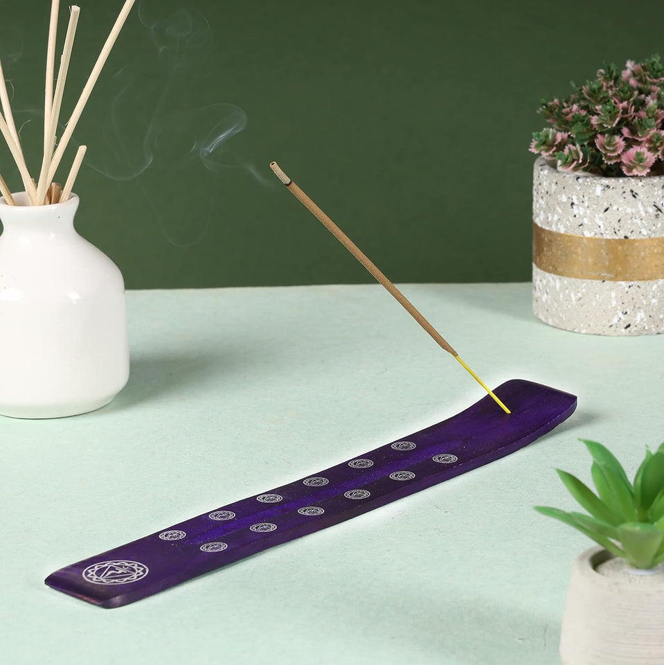 Traditional Handmade Wooden Incense Stick Holder, Ash-Catcher, (Heavens Blue) 10 Inches
