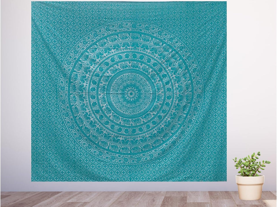 Handmade hippie Bohemian Psychedelic Elephant Mandala Wall hanging Tapestry (Turquoise Silver)