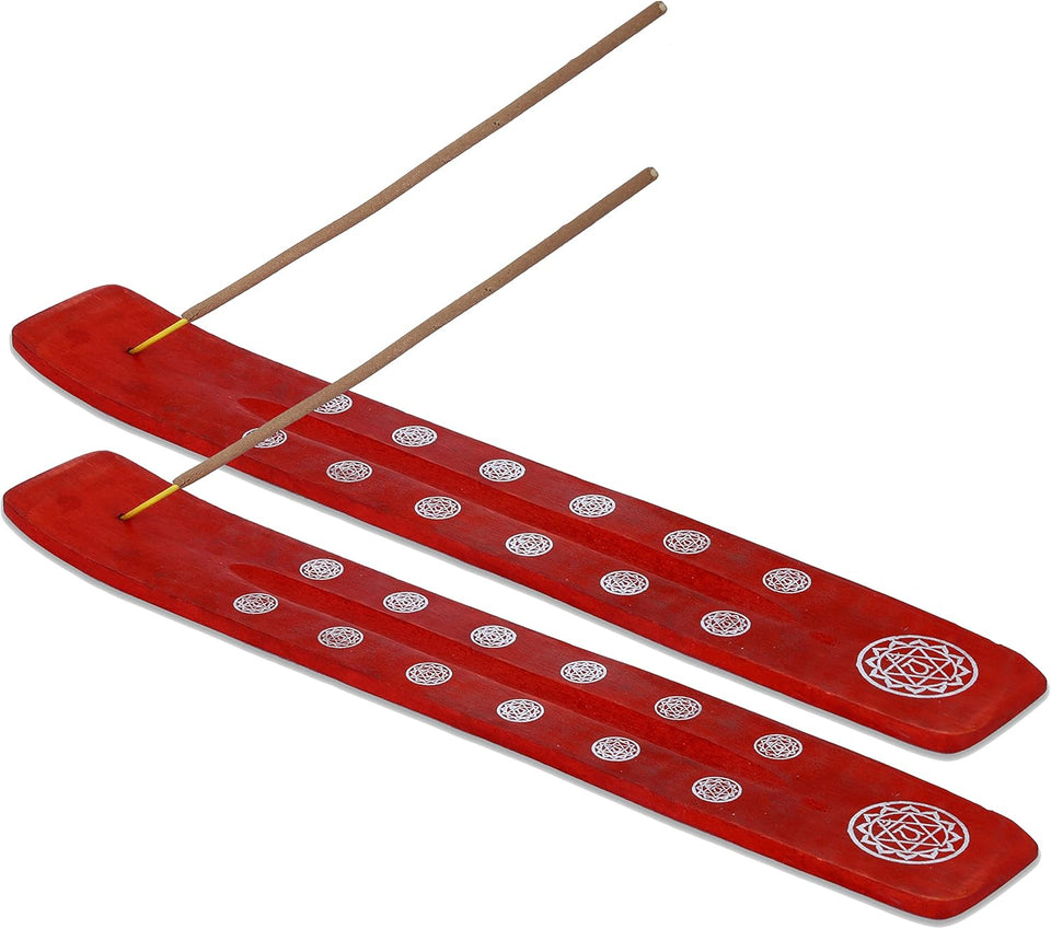 Traditional Handmade Wooden Incense Stick Holder, Ash-Catcher, (Fire Red) 10 Inches