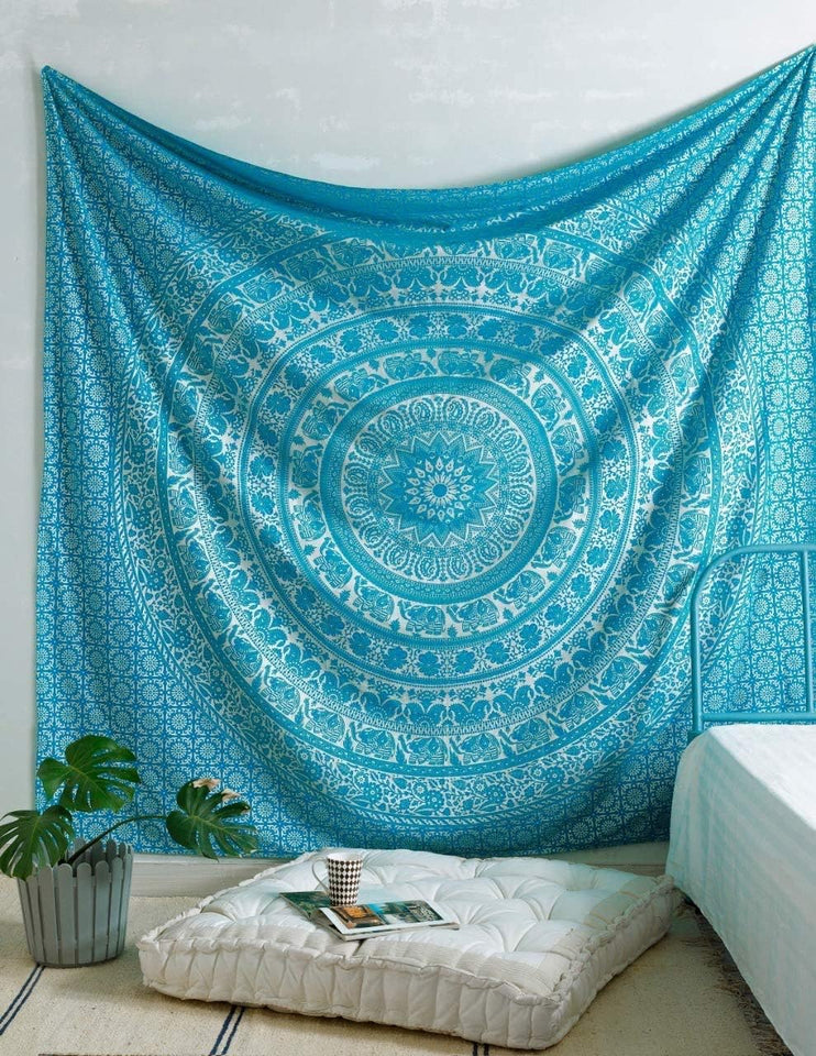 Handmade hippie Bohemian Psychedelic Elephant Mandala Wall hanging Tapestry (Turquoise Silver)
