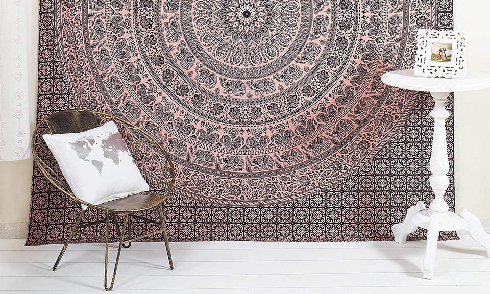 Handmade Indian hippie Bohemian Psychedelic Elephant Mandala Wall hanging Tapestry (Black and Rose)