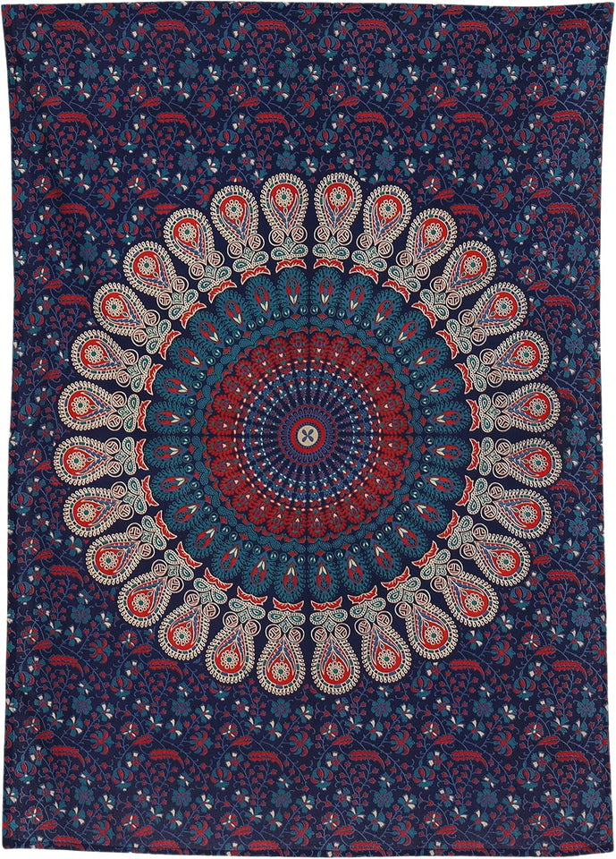 Hippie Bohemian Psychedelic Peacock Mandala Wall Hanging Bedding Tapestry (Midnight Blue)