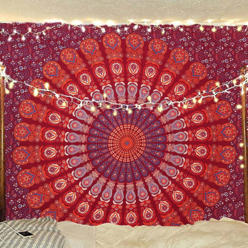 Hippie Bohemian Psychedelic Peacock Mandala Wall Hanging Bedding Tapestry (Blue Red)