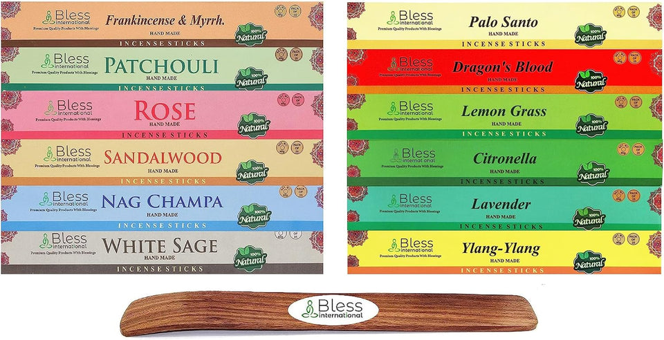 Assorted Incense Sticks 12-Scents Frankincense and Myrrh, Patchouli, Rose, Sandalwood, Nag Champa, White Sage, Lemon Grass, Citronella, Palo Santo, Dragons Blood, YLANG-YLANG, Lavender with Holder (25 Sticks of Each Scent)