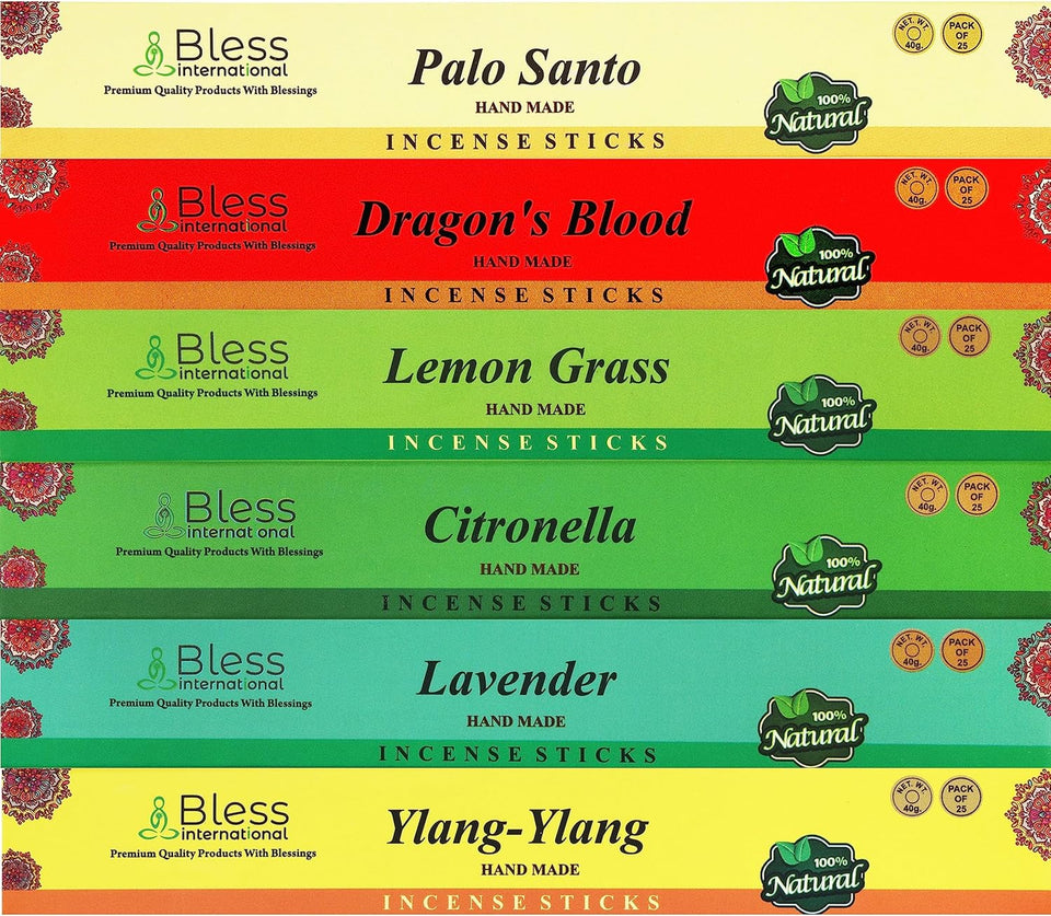 Assorted Incense Sticks 12-Scents Frankincense and Myrrh, Patchouli, Rose, Sandalwood, Nag Champa, White Sage, Lemon Grass, Citronella, Palo Santo, Dragons Blood, YLANG-YLANG, Lavender with Holder (25 Sticks of Each Scent)