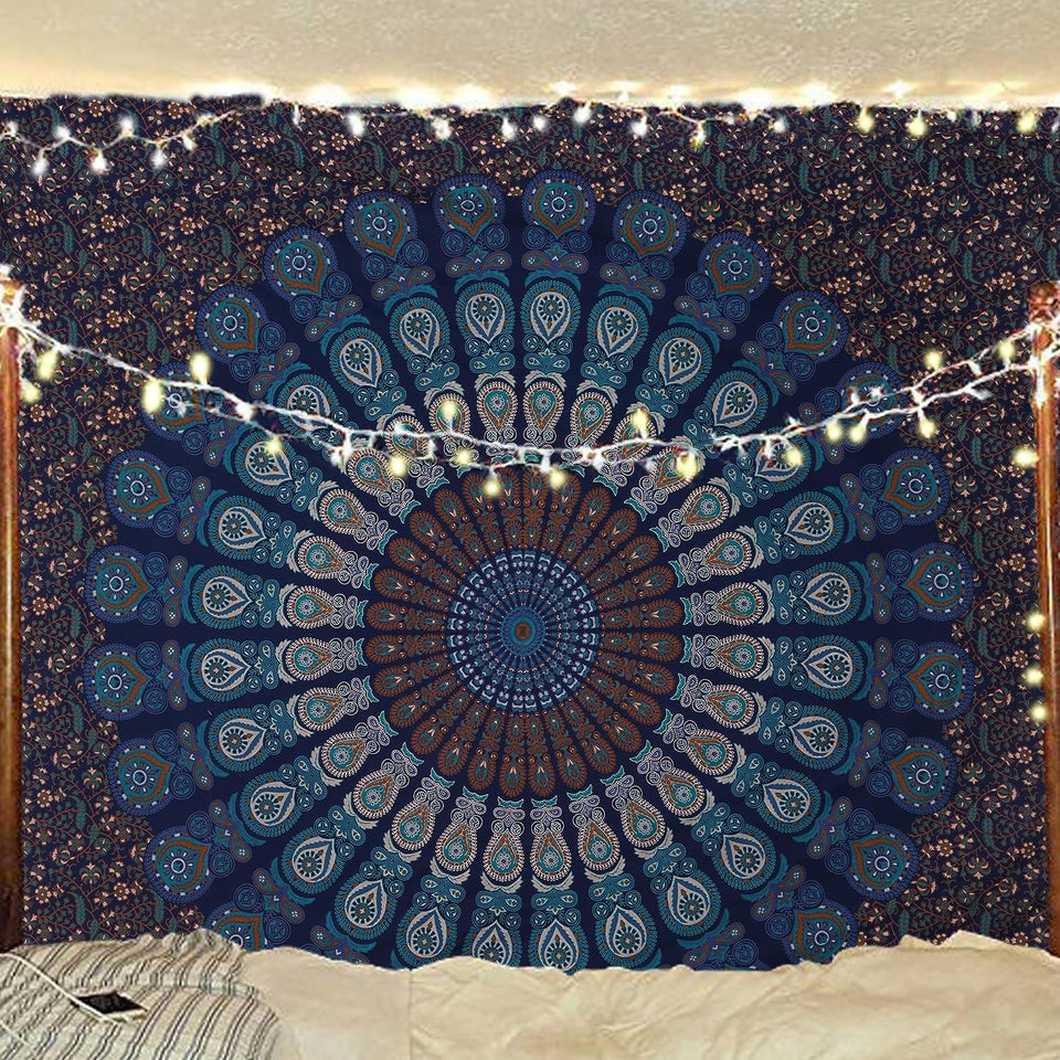 Hippie Bohemian Psychedelic Peacock Mandala Wall Hanging Bedding Tapestry (Blue Green)