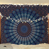 Hippie Bohemian Psychedelic Peacock Mandala Wall Hanging Bedding Tapestry (Blue Green)