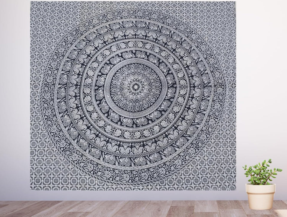 Handmade Indian hippie Bohemian Psychedelic Elephant Mandala Wall hanging Tapestry (Black And White)