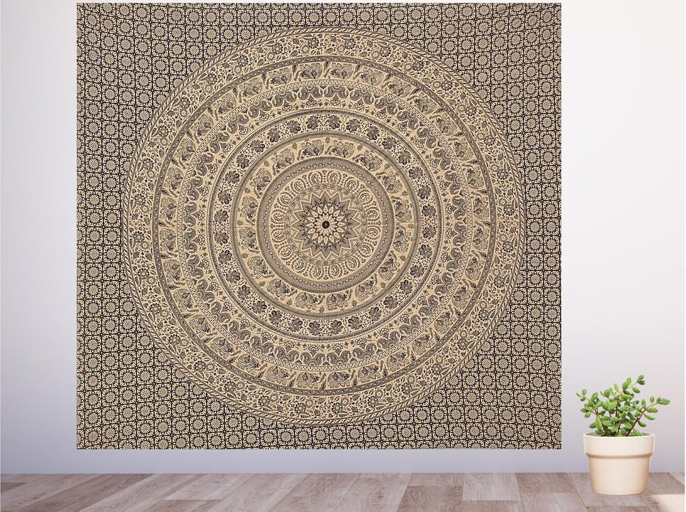 Handmade hippie Bohemian Psychedelic Elephant Mandala Wall hanging Tapestry (Black & Gold)