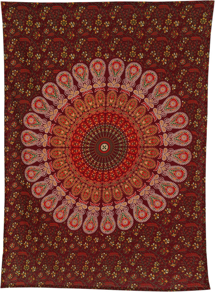 Hippie Bohemian Psychedelic Peacock Mandala Wall Hanging Bedding Tapestry (Maroon Yellow)