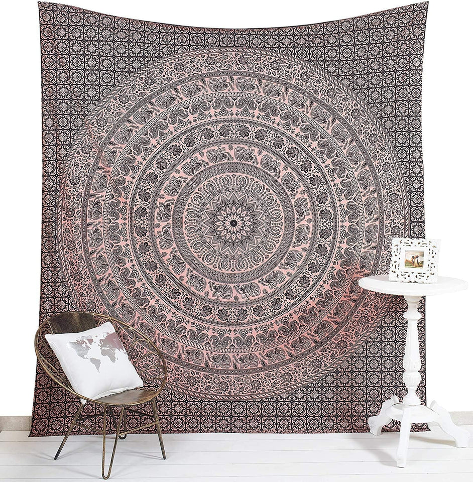 Handmade Indian hippie Bohemian Psychedelic Elephant Mandala Wall hanging Tapestry (Black and Rose)