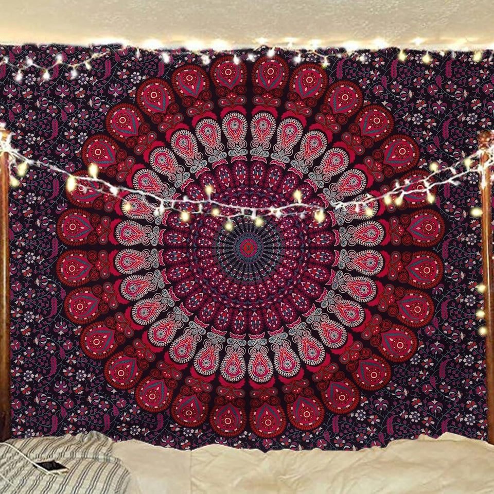 Indian Hippie Bohemian Psychedelic Peacock Mandala Wall Hanging Bedding Tapestry (Purple Pink)
