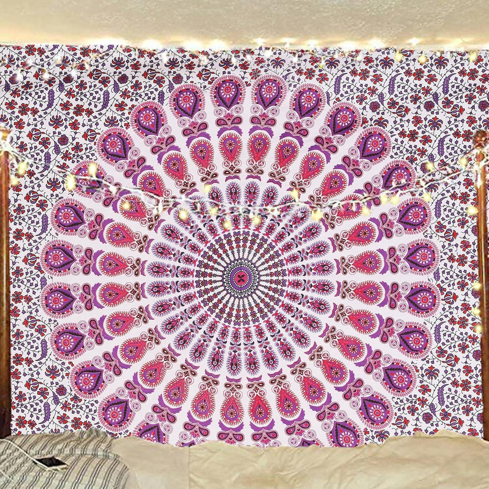 Hippie Bohemian Psychedelic Peacock Mandala Wall Hanging Bedding Tapestry (Pink Blue)