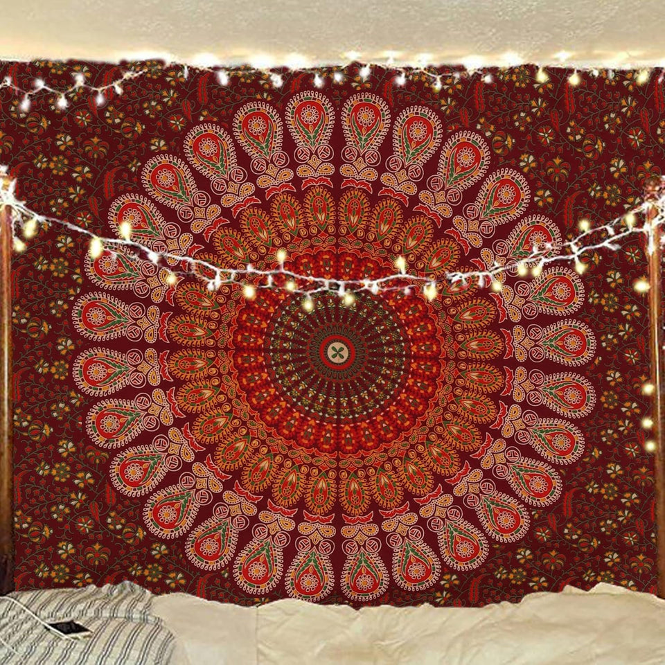 Hippie Bohemian Psychedelic Peacock Mandala Wall Hanging Bedding Tapestry (Maroon Yellow)