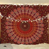 Hippie Bohemian Psychedelic Peacock Mandala Wall Hanging Bedding Tapestry (Maroon Yellow)