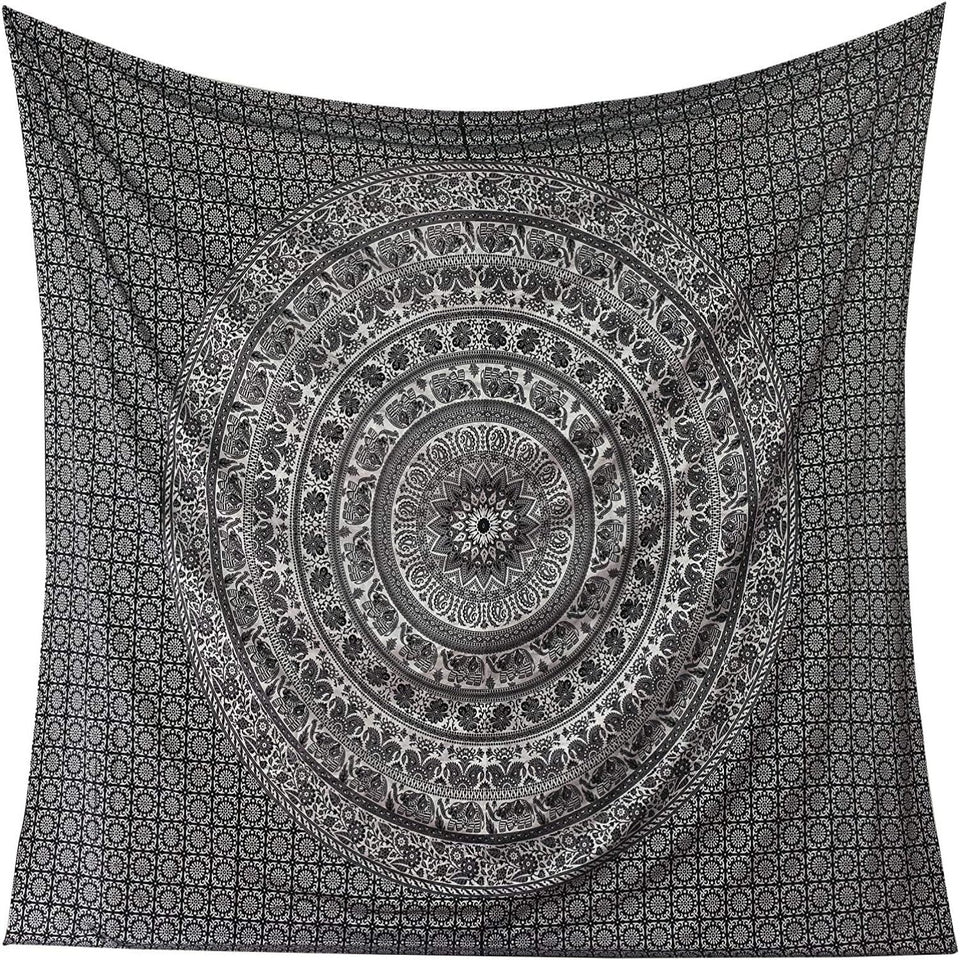 Handmade hippie Bohemian Psychedelic Elephant Mandala Wall hanging Tapestry (Black Silver)