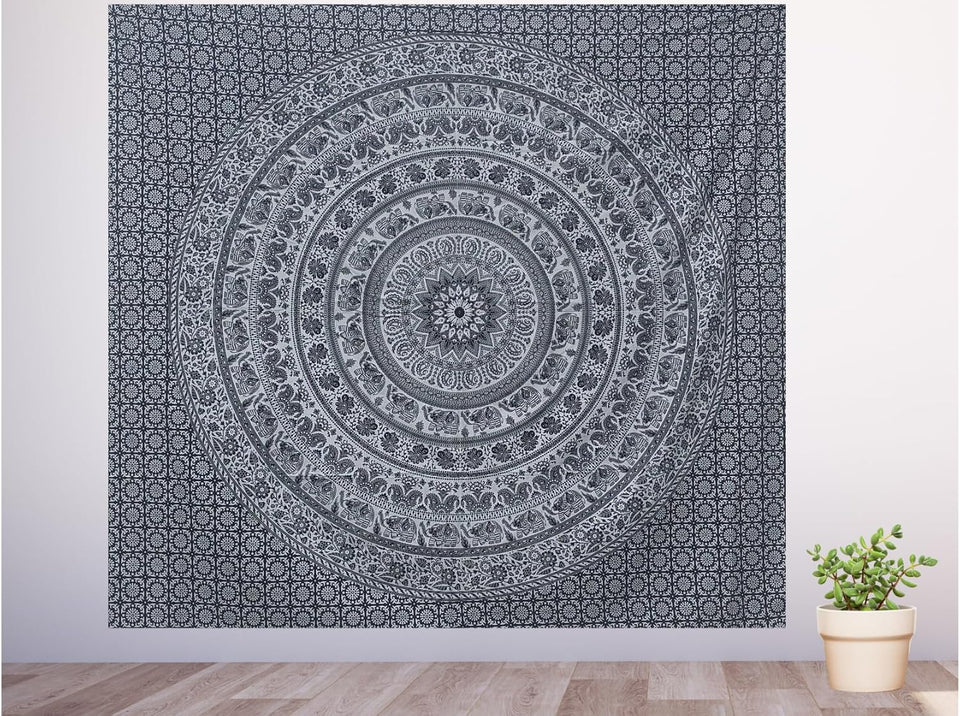Handmade hippie Bohemian Psychedelic Elephant Mandala Wall hanging Tapestry (Black Silver)
