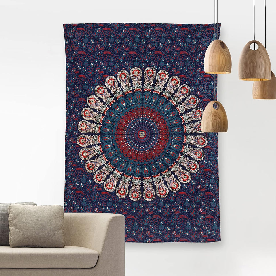 Hippie Bohemian Psychedelic Peacock Mandala Wall Hanging Bedding Tapestry (Midnight Blue)