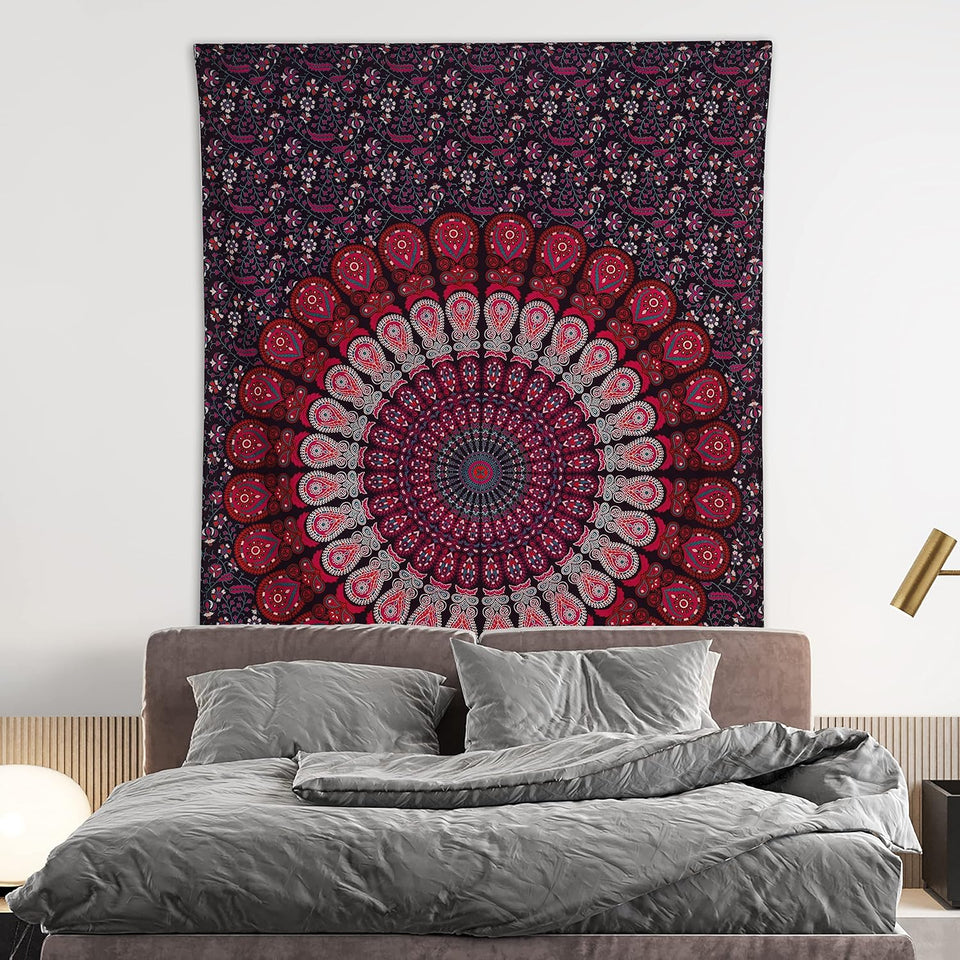 Indian Hippie Bohemian Psychedelic Peacock Mandala Wall Hanging Bedding Tapestry (Purple Pink)