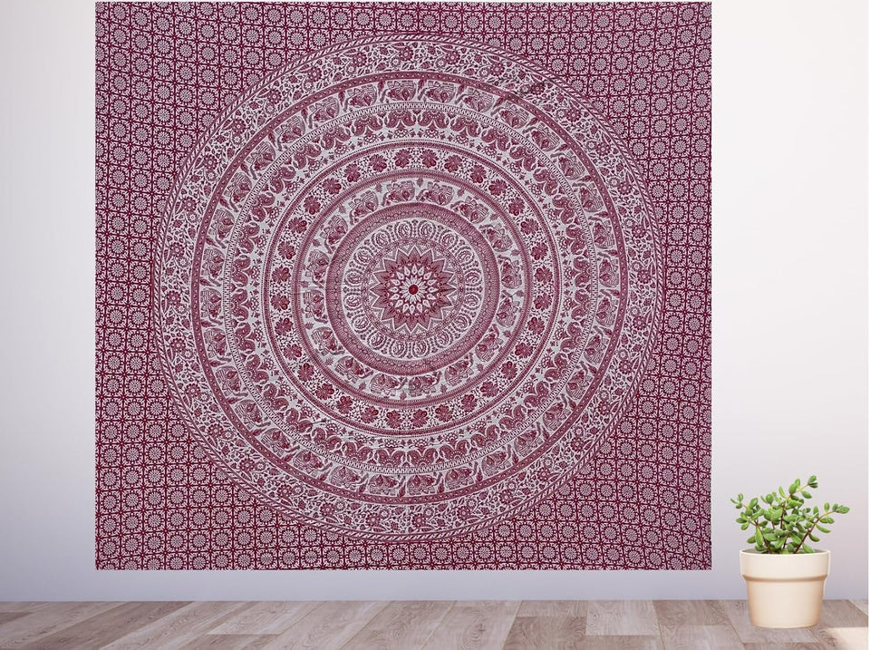 Handmade hippie Bohemian Psychedelic Elephant Mandala Wall hanging Tapestry (Maroon and Silver)