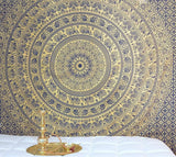 Handmade hippie Bohemian Psychedelic Elephant Mandala Wall hanging Tapestry (Navy Blue and Gold)