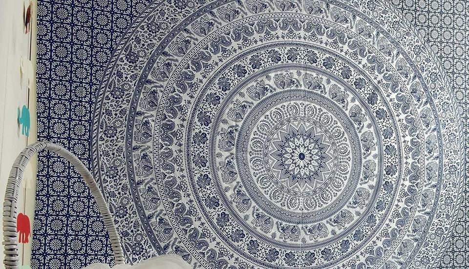 Handmade hippie Bohemian Psychedelic Elephant Mandala Wall hanging Tapestry (Navy Blue and Silver)