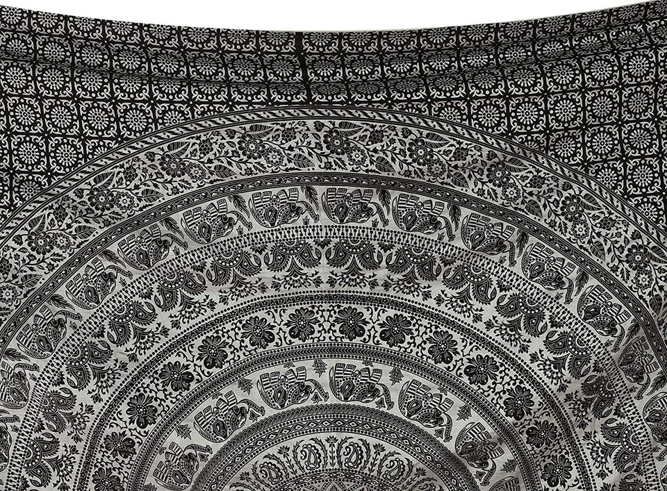 Handmade hippie Bohemian Psychedelic Elephant Mandala Wall hanging Tapestry (Black Silver)