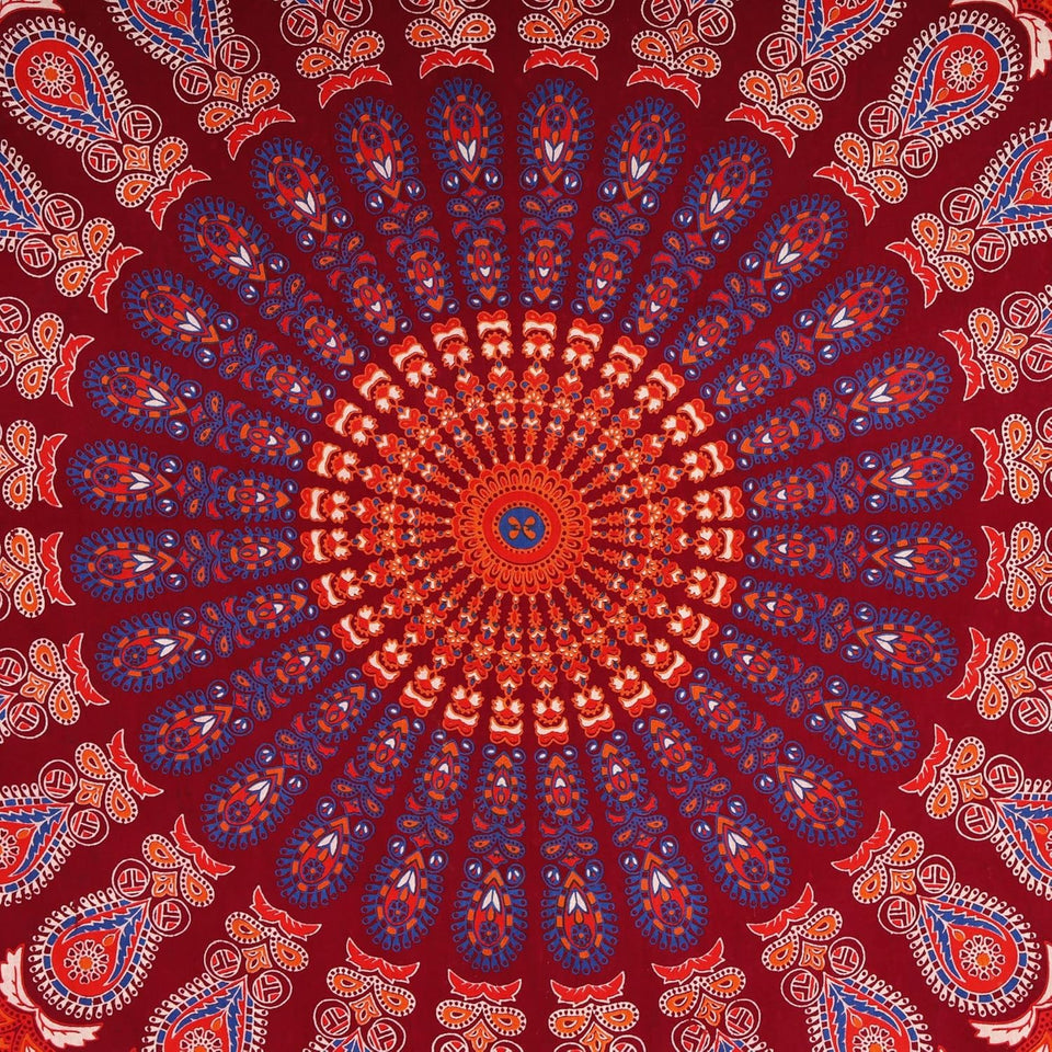 Hippie Bohemian Psychedelic Peacock Mandala Wall Hanging Bedding Tapestry (Blue Red)