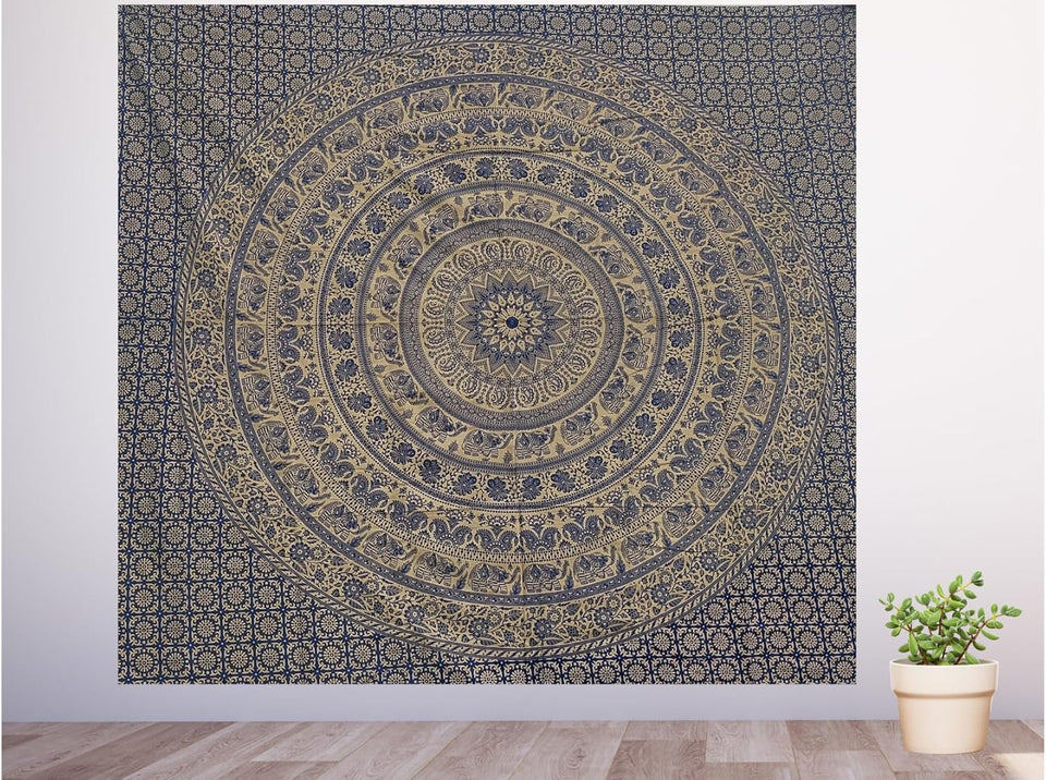 Handmade hippie Bohemian Psychedelic Elephant Mandala Wall hanging Tapestry (Navy Blue and Gold)