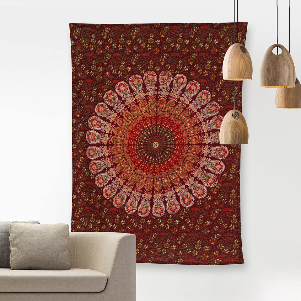 Hippie Bohemian Psychedelic Peacock Mandala Wall Hanging Bedding Tapestry (Maroon Yellow)