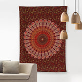 Hippie Bohemian Psychedelic Peacock Mandala Wall Hanging Bedding Tapestry (Maroon Yellow)