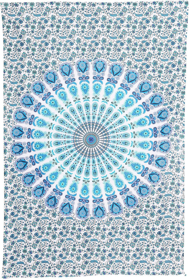 Hippie Bohemian Psychedelic Peacock Mandala Wall Hanging Bedding Tapestry (Peacock Sky Blue)