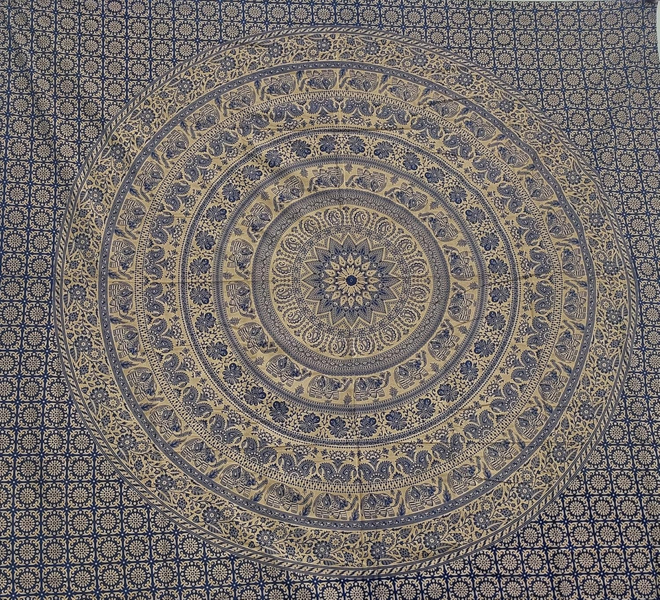 Handmade hippie Bohemian Psychedelic Elephant Mandala Wall hanging Tapestry (Navy Blue and Gold)