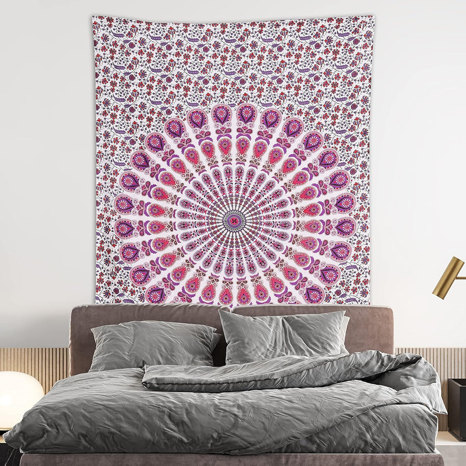 Hippie Bohemian Psychedelic Peacock Mandala Wall Hanging Bedding Tapestry (Pink Blue)