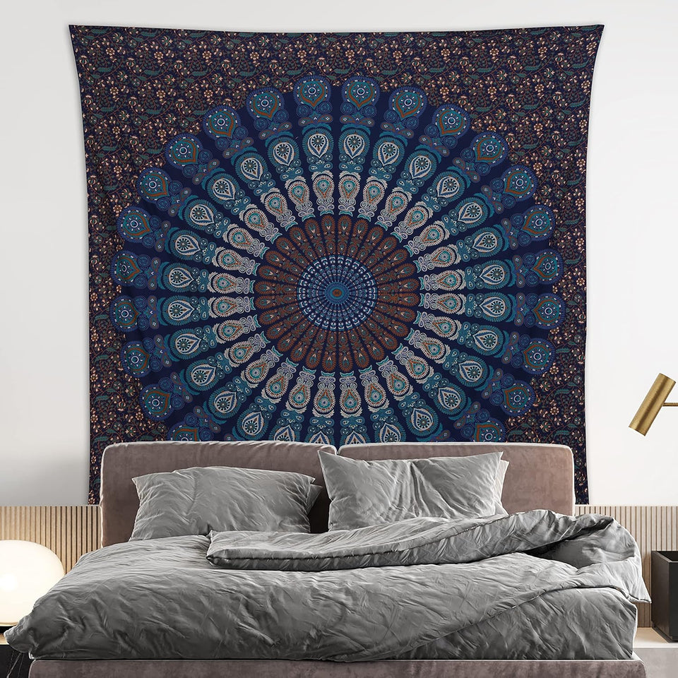 Hippie Bohemian Psychedelic Peacock Mandala Wall Hanging Bedding Tapestry (Blue Green)