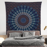 Hippie Bohemian Psychedelic Peacock Mandala Wall Hanging Bedding Tapestry (Blue Green)