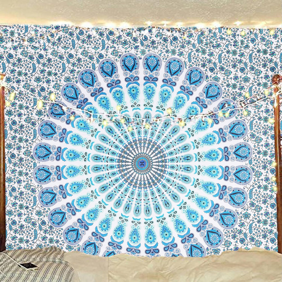 Hippie Bohemian Psychedelic Peacock Mandala Wall Hanging Bedding Tapestry (Peacock Sky Blue)