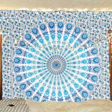 Hippie Bohemian Psychedelic Peacock Mandala Wall Hanging Bedding Tapestry (Peacock Sky Blue)