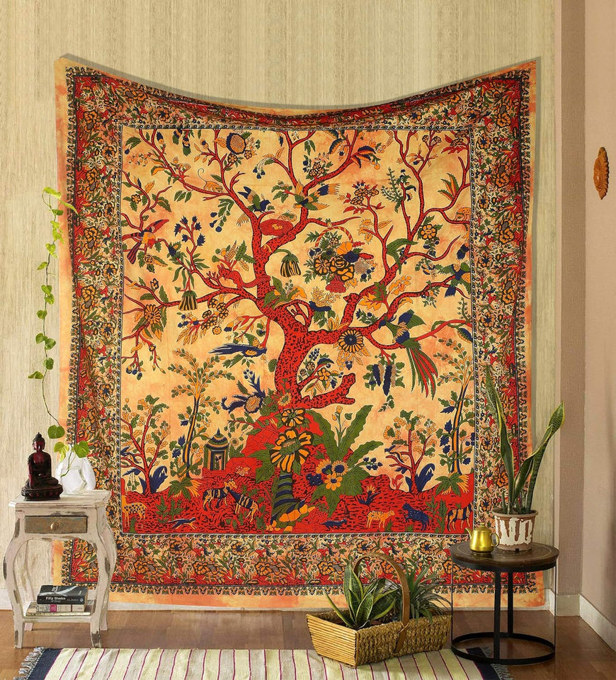 Tree of Life Wall Hanging Psychedelic Tapestry Indian Cotton Bedspread (Yellow Orange Tree of Life)