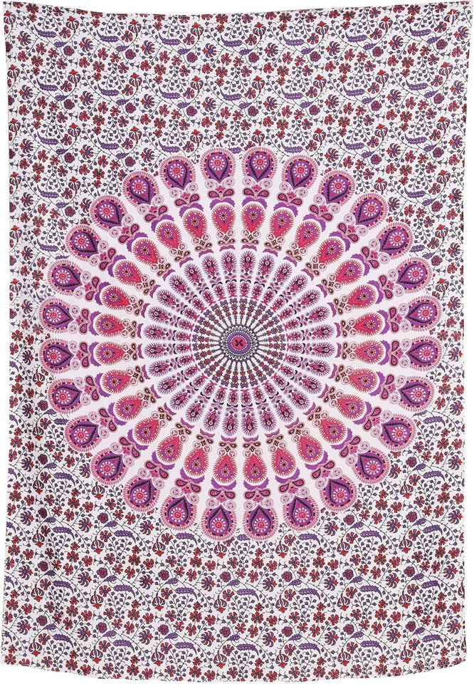 Hippie Bohemian Psychedelic Peacock Mandala Wall Hanging Bedding Tapestry (Pink Blue)