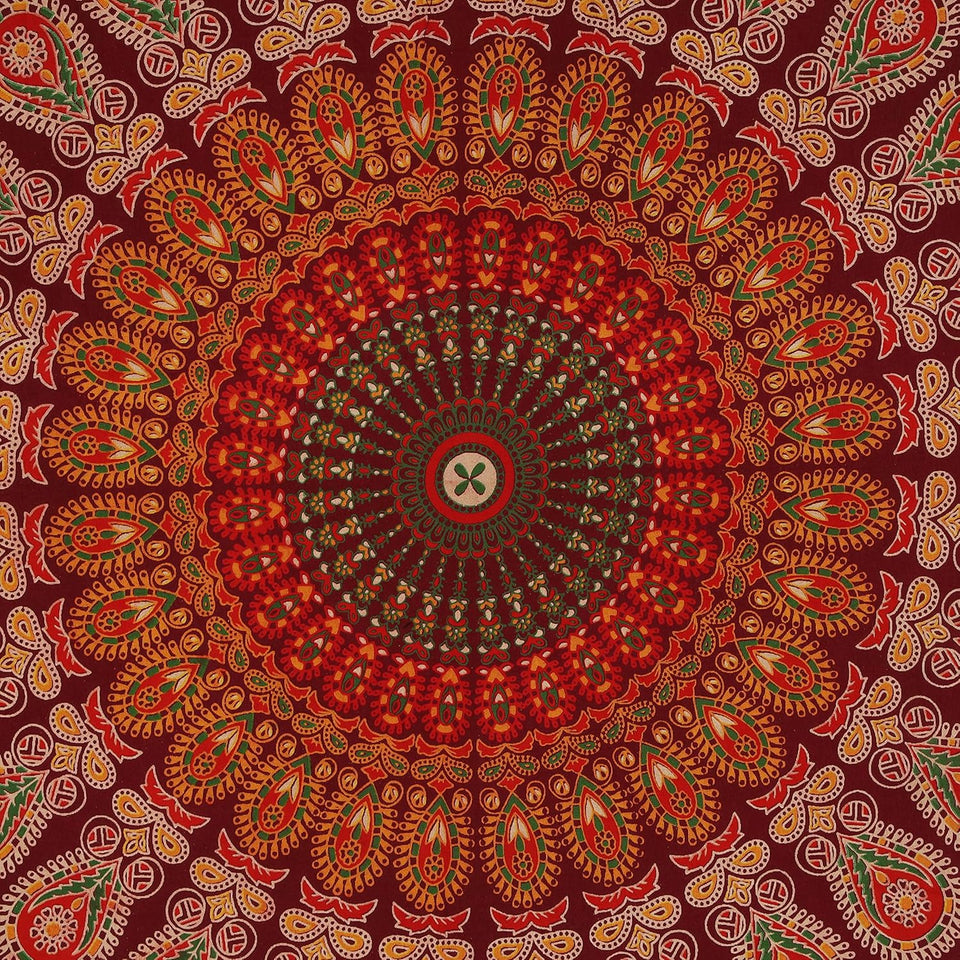 Hippie Bohemian Psychedelic Peacock Mandala Wall Hanging Bedding Tapestry (Maroon Yellow)