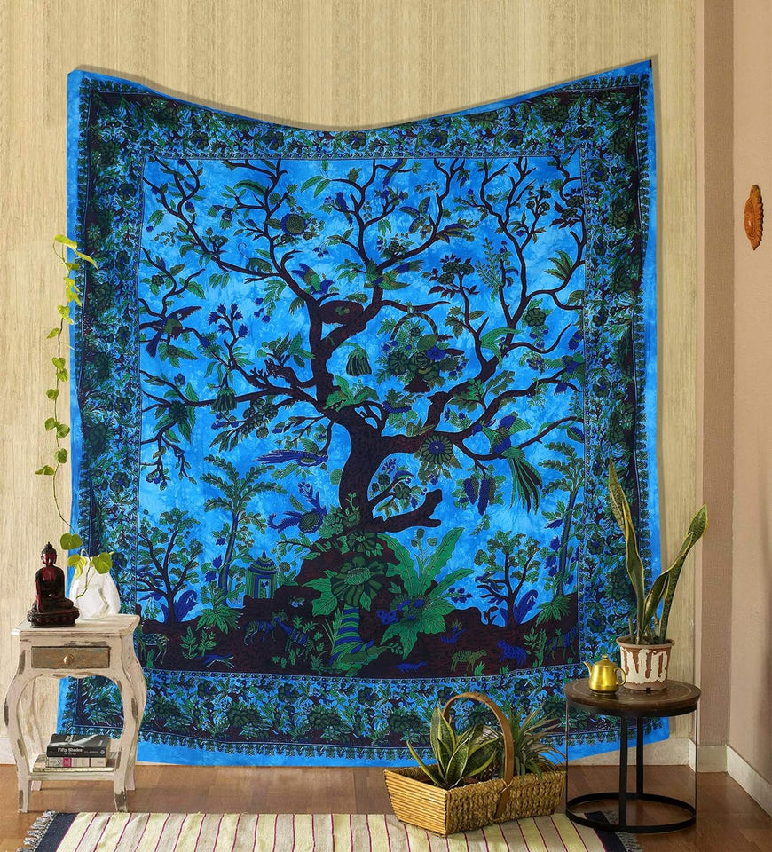 Tree of Life Wall Hanging Psychedelic Tapestry Indian Cotton Bedspread (Turquoise Tree of Life)