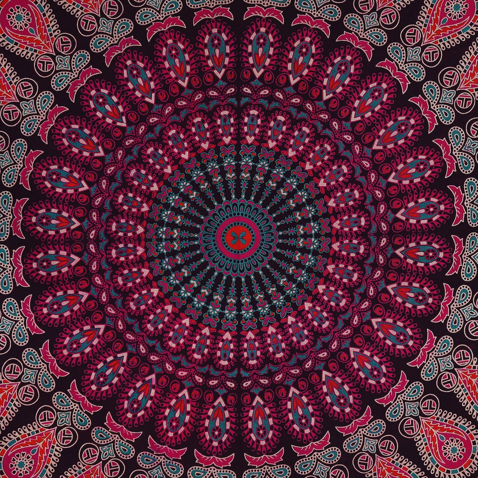 Indian Hippie Bohemian Psychedelic Peacock Mandala Wall Hanging Bedding Tapestry (Purple Pink)