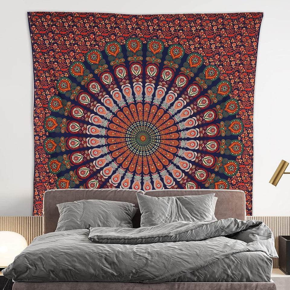Hippie Bohemian Psychedelic Peacock Mandala Wall Hanging Bedding Tapestry (Golden Red Green)