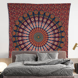 Hippie Bohemian Psychedelic Peacock Mandala Wall Hanging Bedding Tapestry (Golden Red Green)