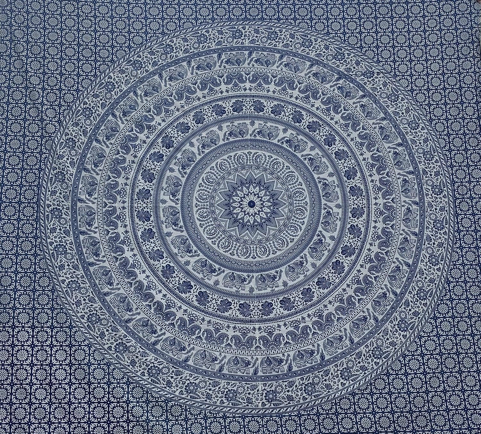 Handmade hippie Bohemian Psychedelic Elephant Mandala Wall hanging Tapestry (Navy Blue and Silver)