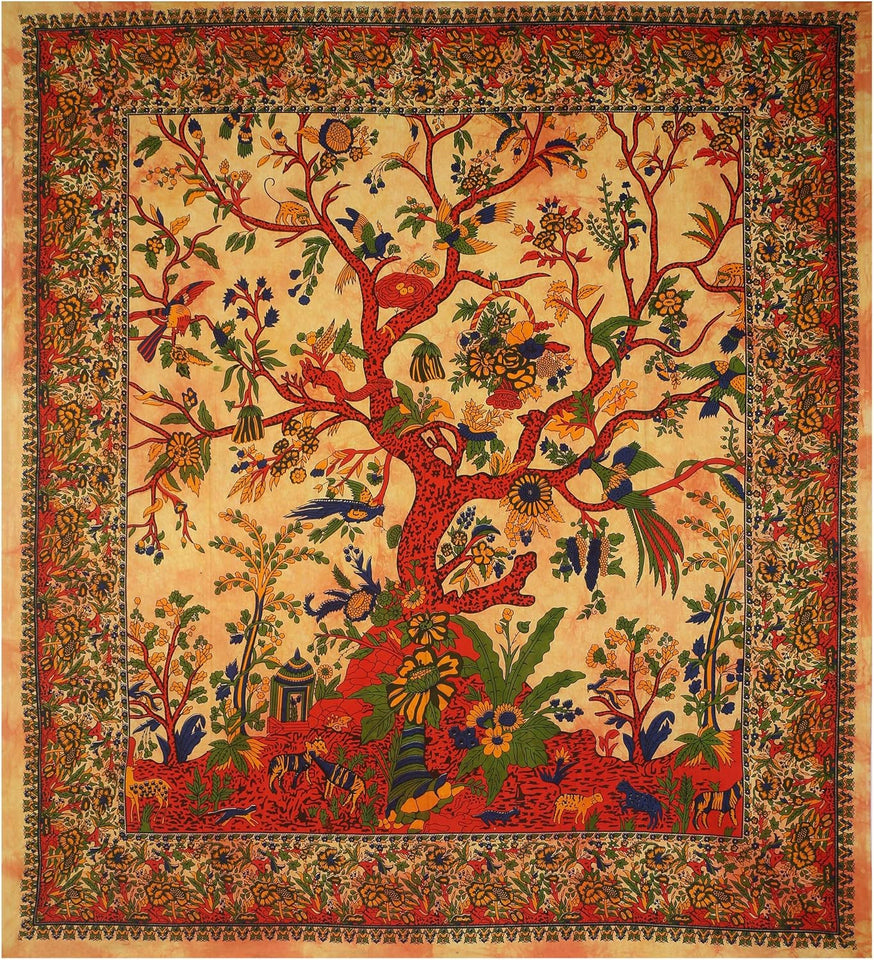 Tree of Life Wall Hanging Psychedelic Tapestry Indian Cotton Bedspread (Yellow Orange Tree of Life)