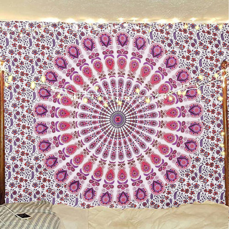 Hippie Bohemian Psychedelic Peacock Mandala Wall Hanging Bedding Tapestry (Pink Blue)