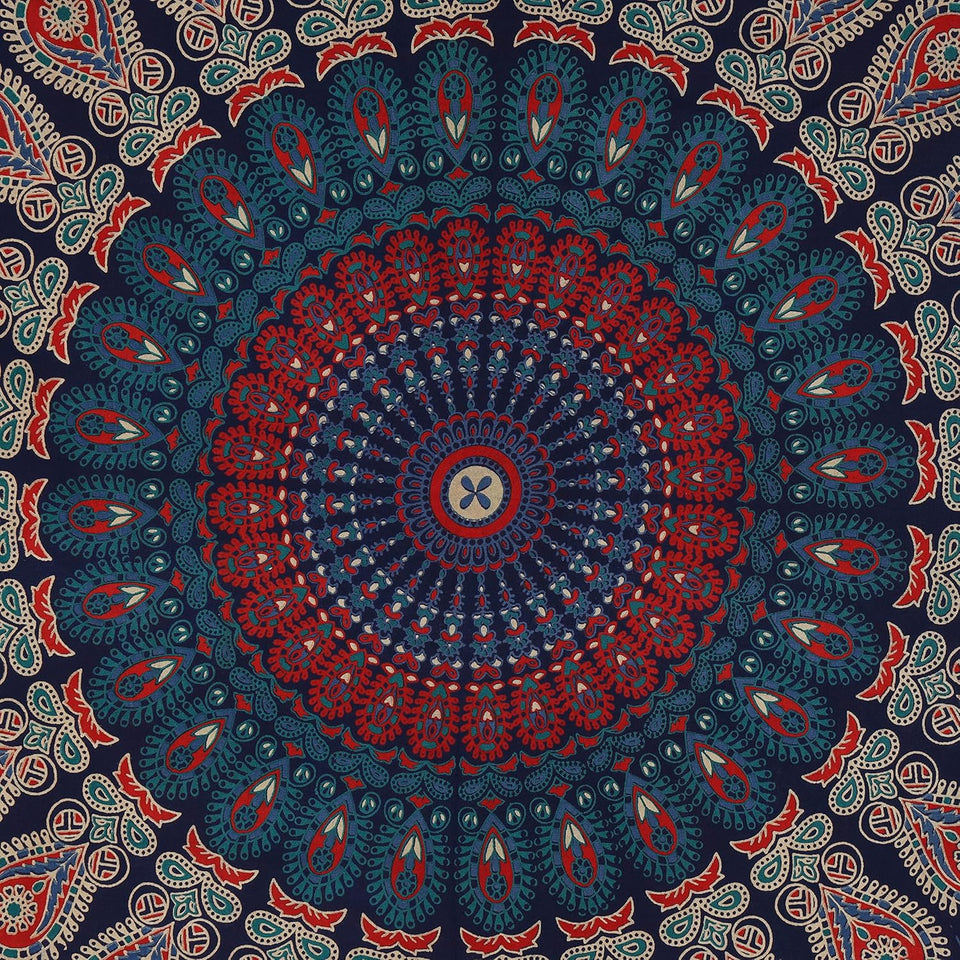 Hippie Bohemian Psychedelic Peacock Mandala Wall Hanging Bedding Tapestry (Midnight Blue)
