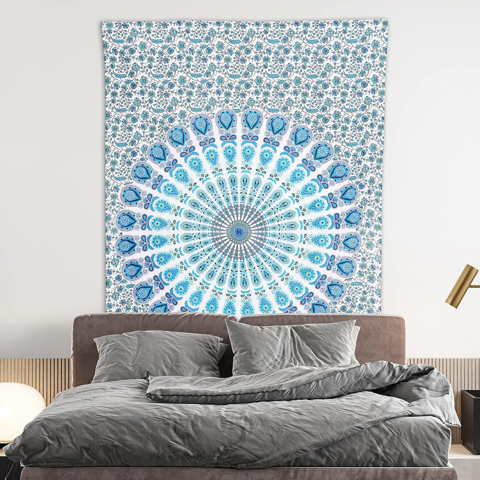 Hippie Bohemian Psychedelic Peacock Mandala Wall Hanging Bedding Tapestry (Peacock Sky Blue)